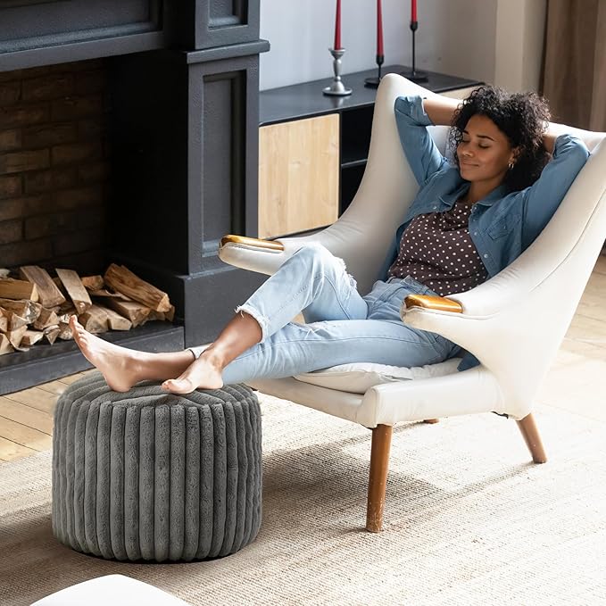 2 Pcs 20 x 15 Inch Unstuffed Pouf Cover Ottoman Foot Rest - No Filler, Faux Rabbit Fur Foot Stool Floor Bean Bag Floor Chair Storage for Living Room Bedroom Home Decor(Gray)