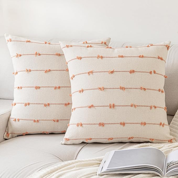 Boho Throw Pillow Covers 16x16 Set of 2 Modern Farmhouse Decorative Cushion Case Tufted Square Pillows Cover Neutral Pillow Cases Accent Pillowcase for Sofa,Couch,Bed,Beige and Pink