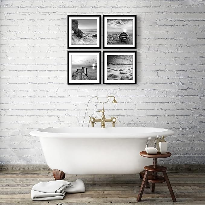 ENGLANT-4 Panels Set Framed Canvas Print for Seascape Beach and Boat Sunrise Scenery Black and White Giclee Canvas Print Wall Art Ready to Hang