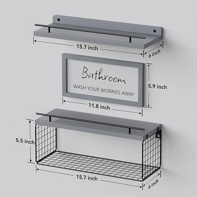 WOPITUES Floating Shelves for Bathroom Wall Decor Sign, Bathroom Organizers and Storage, Bathroom Shelves Over Toilet with Metal Guardrail-Modern Grey