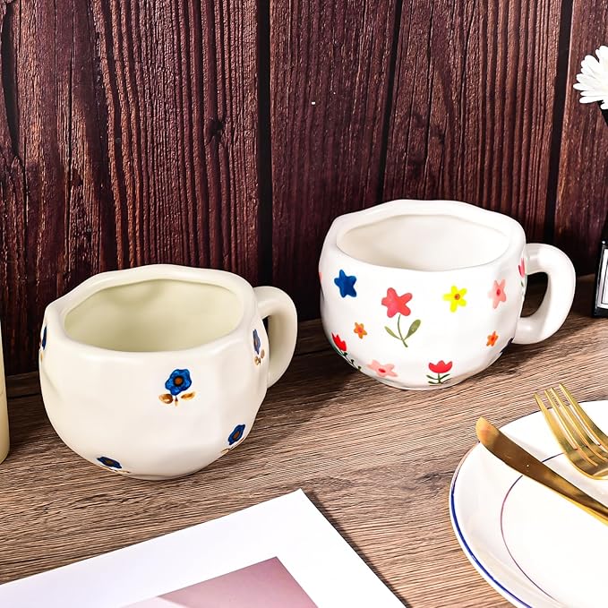 Coffee Mugs Set of 2, Ceramic Coffee Mug with Blue and Pink Floral, 10 oz Aesthetic Latte Art Cups with Handle, Cute Painted Flower Cup for Cappuccino, Cocoa, Espresso - Microwave and Dishwasher Safe