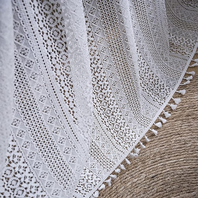 Boho Sheer Lace Curtain Crochet Vintage with Handmade Macrame Tassel Knitted Window Treatment Drape for Bedroom Living Room Kitchen (1 Panel Crochet White, 59"x 84")