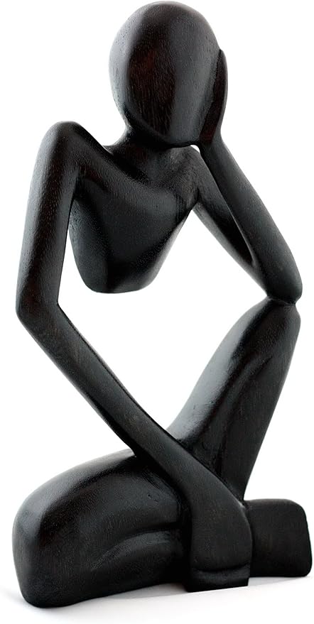 12" Wooden Handmade Abstract Sculpture Thinker Statue Handcrafted - Thinking Man - Gift Art Modern Decorative Unique Home Decor Figurine Accent Decoration Artwork Hand Carved (Black)
