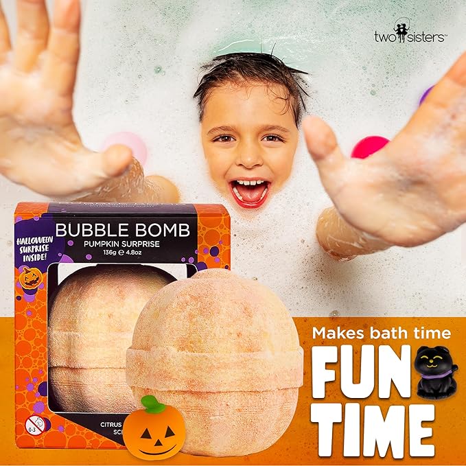 Halloween Bath Bomb for Kids with Surprise Toys Inside - Large Pumpkin Spooky Bombs for Boys & Girls – Made in USA, Boo Basket Stuffers for Teens by Two Sisters