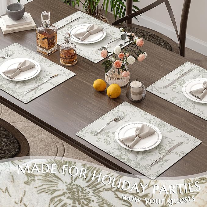 JINCHAN Floral Placemats Set of 4 Farmhouse Fall Autumn Linen Placemats Cloth Table Mats Holiday Seasonal Rustic for Kitchen Dining Table Decor Heat Resistant Washable Tablemats 13x19 Inch Green