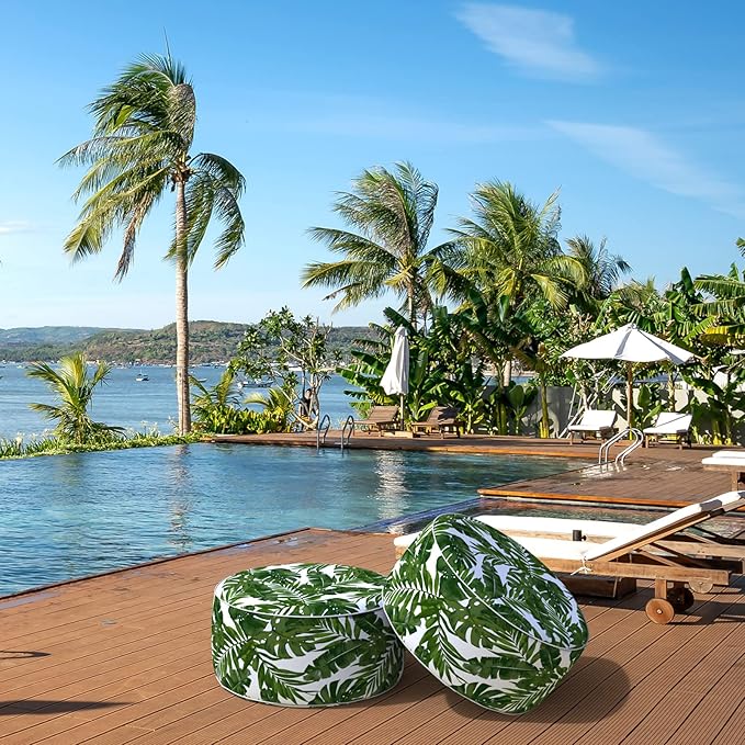 LVTXIII Indoor/Outdoor Inflatable Ottoman, D31 x H14 Inch Large Round Ottoman, All Weather Foot Rest Stool, Portable Footrest for Patio, Garden, Camping and Home - Palm Green