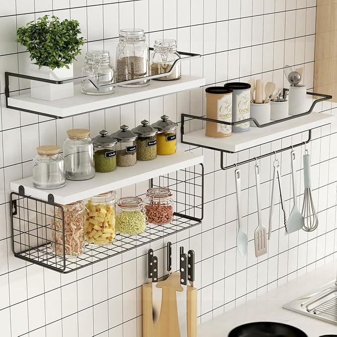 Floating Shelves Wall Mounted,Wood Bathroom Shelf Over Toilet with Paper Storage Basket, Wall Decor Farmhouse Floating Shelf for Bedroom, Living Room, Kitchen,Office (White)