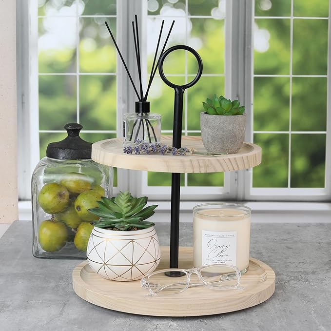 Decorative Wooden Tiered Tray Stand - Beautiful Two Tiered Coffee Table Serving Tray Enhances Your Seasonal Modern Farmhouse Decor - The Perfect Centerpiece for Your ChristmasTable Decorations