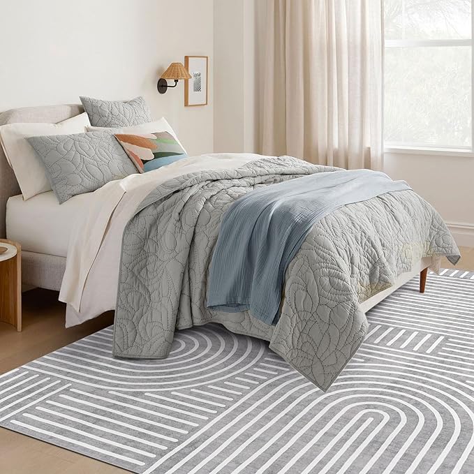 Washable Area Rug 5x7 - Boho Living Room Rug Stain Resistant Soft Bedroom Rug Ultra-Thin Grey Modern Abstract Rainbow Dining Room Rugs Indoor Carpet for Living Room Nursery Room