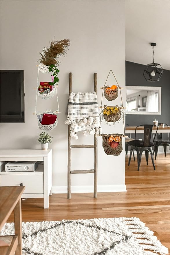 Hanging Fruit Basket, 3 Tier Cotton Macrame Produce Basket for Kitchen, Indoor Planter Hangers.