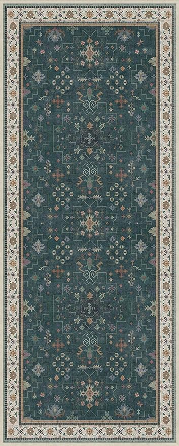 Dark Green 2x5 Kitchen Rug - Modern Vintage Boho Eclectic Floral Pastel, Washable Low Pile Non-Slip Small Runner Rugs for Entryway Door Mat Indoor Entrance, Bedroom, Hallway