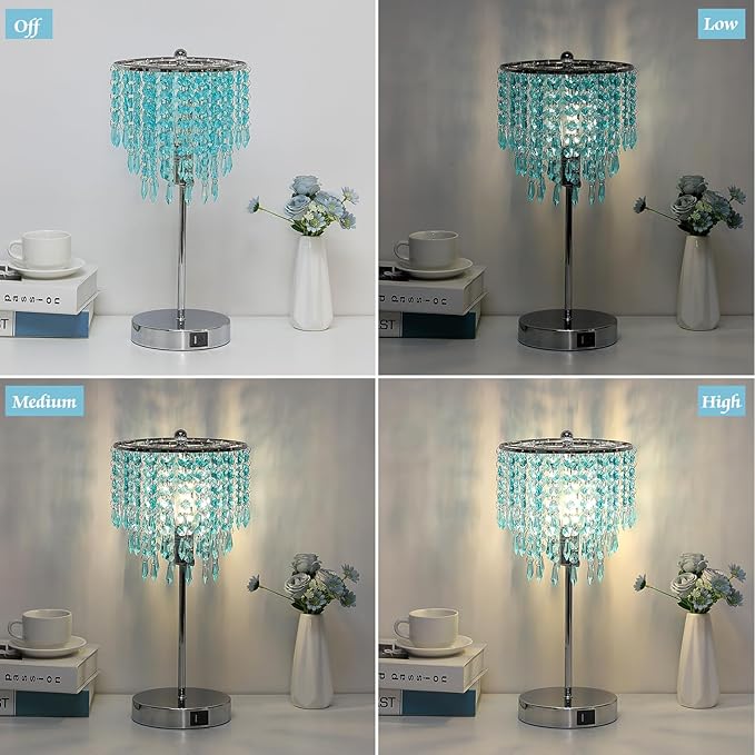 Touch Control Crystal Table Lamp, Dual USB Bedside Lamps for Bedroom, 3-Way Dimmable Nightstand Lamp with Elegant Teal Shade for Living Room, Girls Room, Office, B11 6W LED Bulb Included