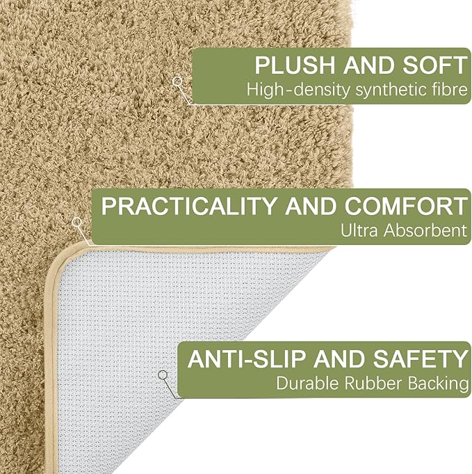 AROGAN Luxury Long Bathroom Runner Rug, 24x17 Inch Thick Soft and Absorbent Non Slip Bath Mat, Rubber Backing Quick Dry Rugs Carpets, Machine Washable Plush Mats for Shower Floor, Beige