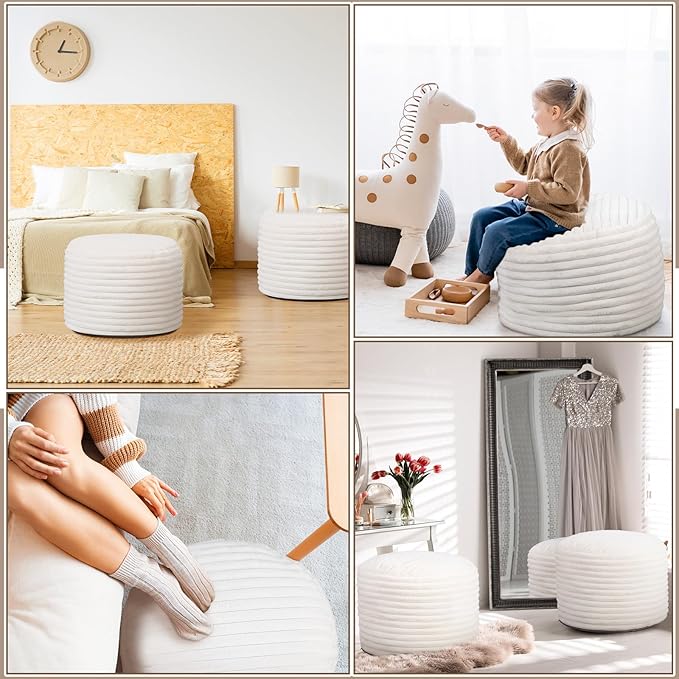 2 Pcs 26 x 18 Inch Unstuffed Pouf Cover Ottoman Foot Rest - No Filler, Faux Rabbit Fur Foot Stool Floor Bean Bag Floor Chair Storage for Living Room Bedroom Home Decor(Beige)