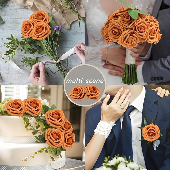 100PCS Artificial Flowers Gold Sparrow Roses Real Looking Foam Fake Roses with Leaves and for DIY Wedding Bouquets Bridal Shower Centerpieces Party Decorations (Gold Sparrow, 100)