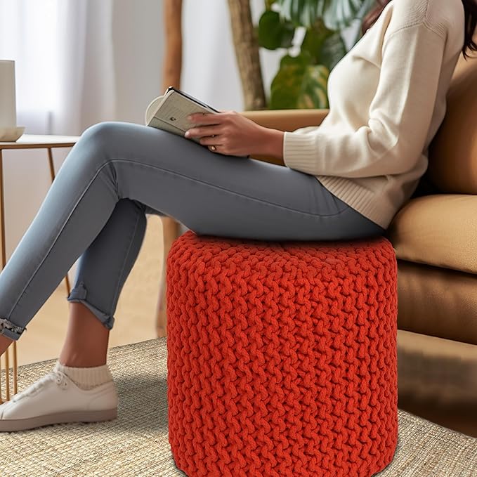 COTTON CRAFT Braided Round Pouf - Hand Knitted Cotton Cord Cable Dori Cylindrical Ottoman - Foot Stool - Floor Pouf - Footrest - Accent Seat - Living Room Bedroom Dorm Décor - 15 Round x 16 H - Orange