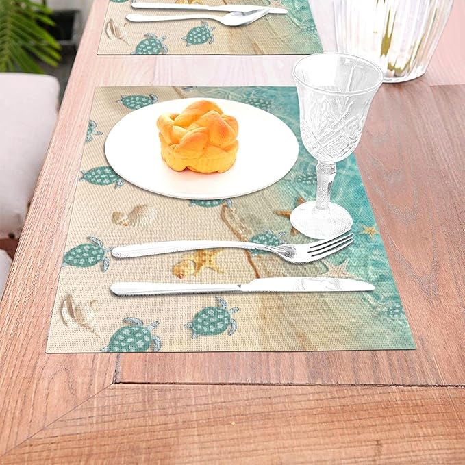 Sea Turtles Beach Placemats Set of 4 Linen Washable Non-Slip Heat-Resistant Teal Nautical Decorative Kitchen Table Mats for Dining Outdoor Home Decor 12x18 Inch