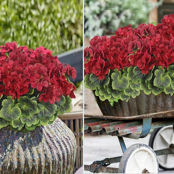 2 Pcs Artificial Geraniums for Outdoor Silk Geranium Flowers Red Artificial Geranium Bush Faux Flowers Geraniums Branch for Garden Patio Grave Cemetary Vase Table Centerpiece Indoor Decor