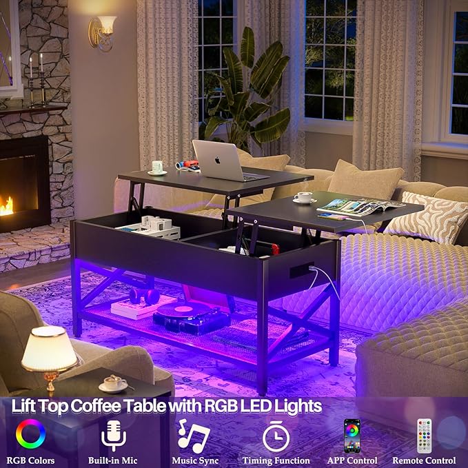 Aheaplus Black Lift-Top Coffee Table with LED Light, Power Outlets and Storage Shelf, 41.7"W x 19.69"L x 19.7"H