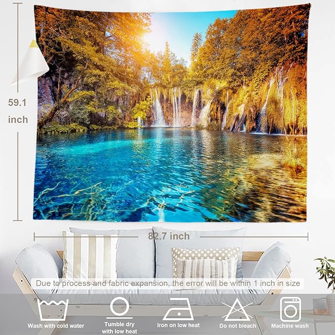 BaoNews Turquoise Natural Waterfall Tapestry,Plitvice Lakes Large Wall Hanging Polyester Tablecloths Tapestry Bedroom Room Living Room Dorm 59.1 x 82.7 Inches