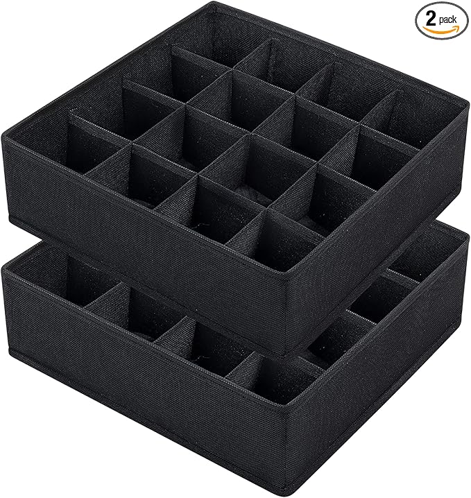 Joyoldelf Sock Drawer Organizer Divider, 16-cell Underwear Organizers and Storage Fabric Drawer Organizer for Socks, Lingerie, Handkerchiefs, Ties Black, 2 Packs