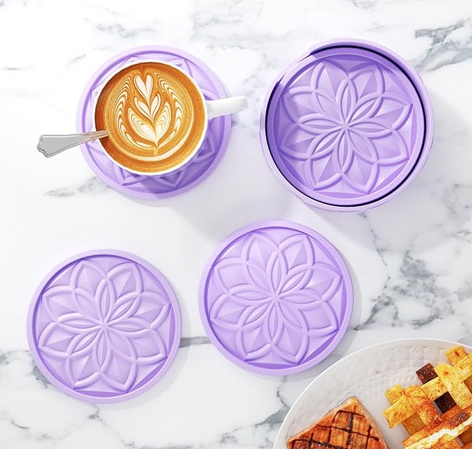 HFHOME Silicone Coasters Set for Drinks - 6 Pack With Holder, Table Cup Mat for Coffee Table, Desk, Bar - Tabletop Protection Gift - Light Purple