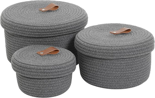Cottonphant Set of 3 Stylish Round Woven Baskets with Lids - Elegant Storage Solution for Home Decor and Organization - Compact Shelf Baskets (Dark Grey, 10"x6"-8"x5"-6"x4")