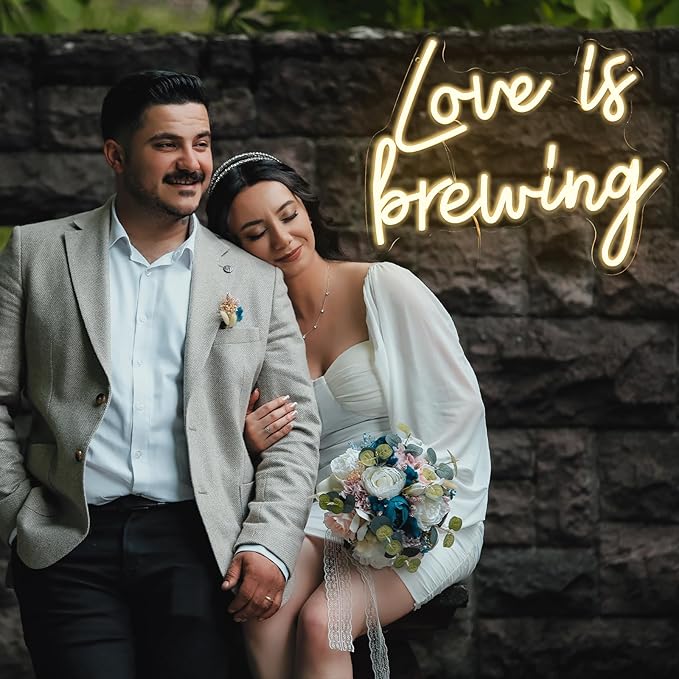Love Is Brewing Neon Sign for Wall Decor, Warm White Led Signs for Bridal Shower, USB Dimmable Neon Lights for Bedroom Home Coffee Themed Bar Wedding Engagement Party Garland Decoration