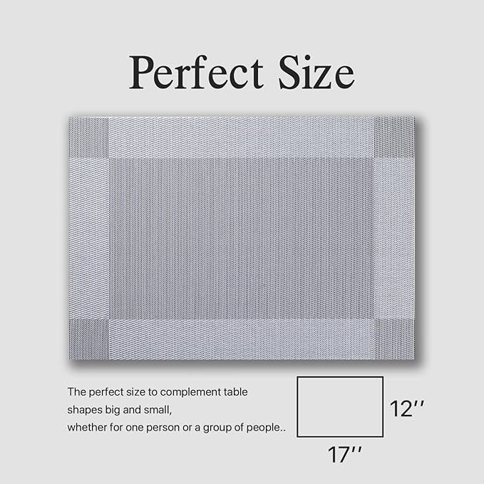 Placemats Set of 6 - Easy Clean Woven Vinyl Placemats for Dining Table, Indoor/Outdoor Place Mats, Washable PVC Table Mats (Silver Cube)