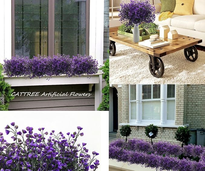 CATTREE Artificial Plants Shrubs Bushes, Plastic Fake Plants Wedding Indoor Outdoor Home Garden Verandah Kitchen Office Table Centerpieces Arrangements Christmas Decoration - Deep Purple 8 pcs