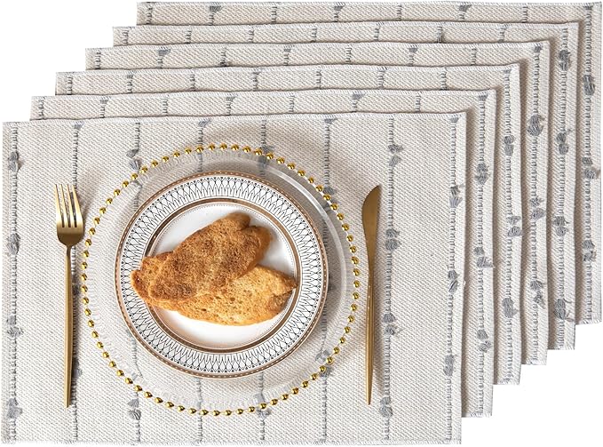 Boho Placemats Set of 6 for Dining Table Decor, Woven Cloth Place Mats for Farmhouse Rustic Kitche Home Decor, Cotton Placemats 13 x 19 Inch, Grey and Beige Table mats