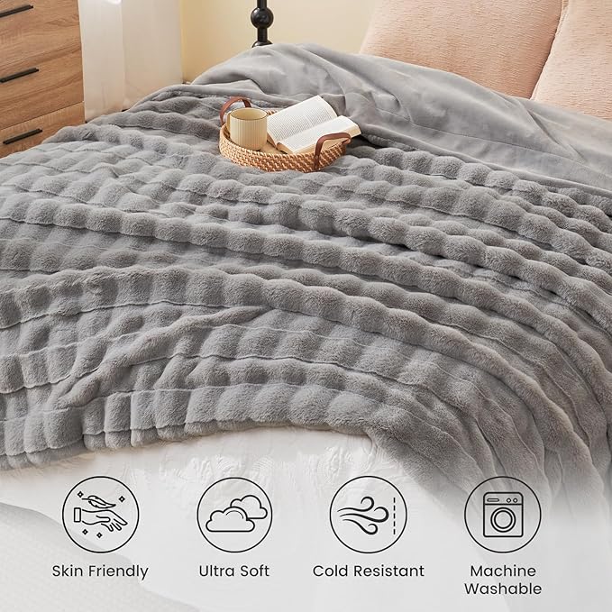 Cozy Bliss Fluffy Queen Size Throw Blankets for Bed,Lightweight Cozy Soft Grey Faux Fur Throw Blankets for Sofa Bedroom Living Room,90x90 Inches