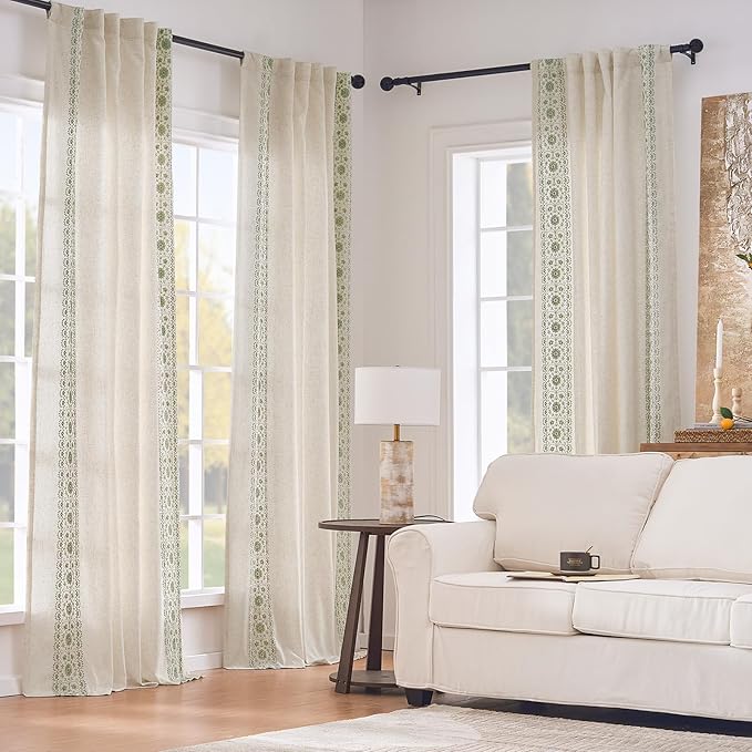 jinchan Boho Lined Linen Curtains for Bedroom Sage Green Vintage Floral Farmhouse Curtains 63 Inch Length Linen Blend Drapes for Living Room Embroidered Drapes Sage on Beige 2 Panels