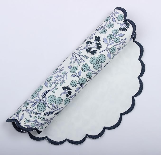Ridhi Bo-ho Round Place Mat Double Layer Floral Cotton Washable Placemats 15" Round Embroidery Block Print Table Mat (Pack of 4-15 Inch Round, Denim Blue)