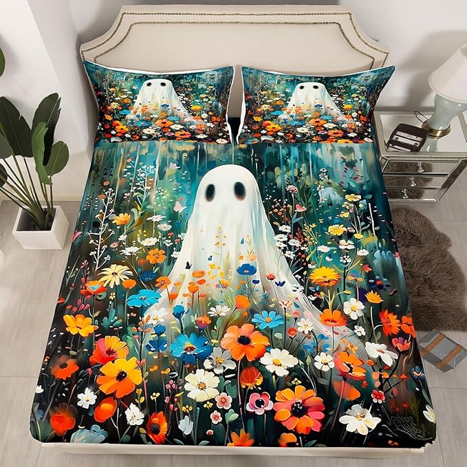 Feelyou Halloween 4 Pieces Sheet with 16 Inch Deep Pockets for Girls Boys Kids King Size Horror Theme Cute Ghost Bedding Room Decor Gardon Flower Bed Sheets Set Bluish Bed Cover