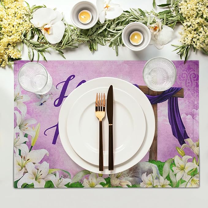 Giwawa He is Risen Placemats, Easter Cross Lamb Linen Washable Place Mat, Spring Lily Flowers Heat Resistant Table Mats for Kitchen Dining Holiday Party Decor, Set of 4, 12x18 Inch