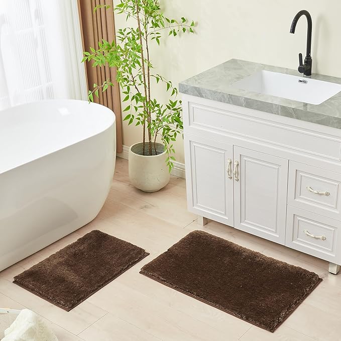 CozeCube Upgraded Shaggy Bath mat for Bathroom Non Slip 20" X 32", Super Soft Quick Dry Bath Rugs, Fluffy Plush Bathroom Rugs Machine Washable, Dark Brown
