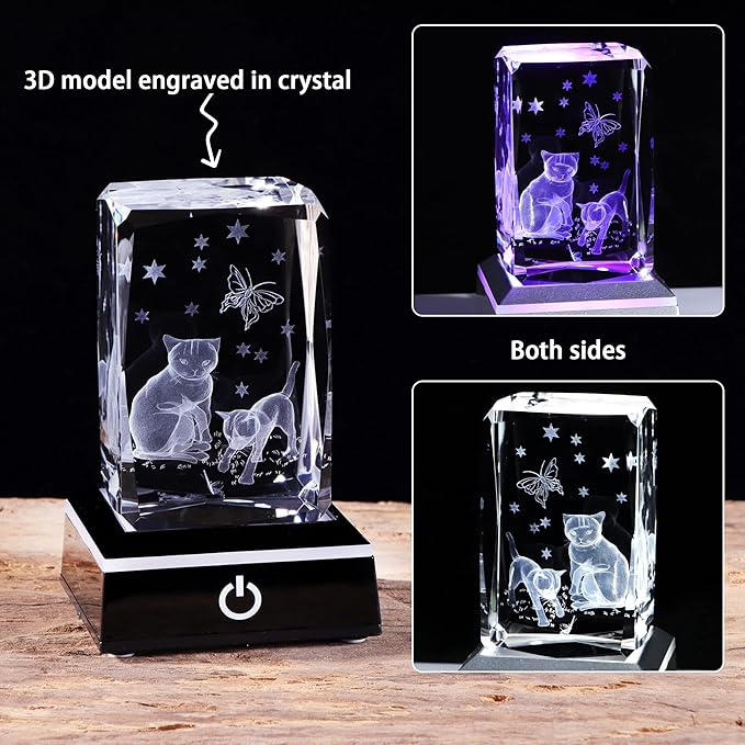 Crystal 3D Cats with Butterfly Figurine - Cat Themed Gifts for Women & Men - Glass Keepsake Ornaments with Colorful LED Light - Birthday Gifts for Friends