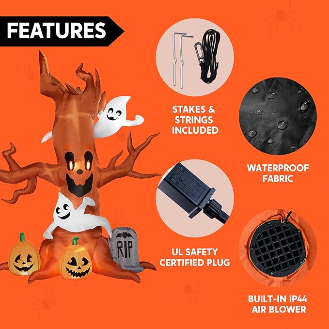 Joiedomi 8 FT Halloween Inflatable Scary Tree with Ghost Decorations, Pumpkin and Tombstone, Blow Up Inflatables with Build-in LEDs for Halloween Party Indoor, Outdoor, Yard, Garden, Lawn Decorations