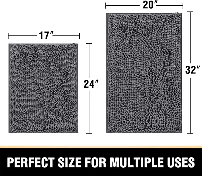 H.VERSAILTEX Luxury Chenille Bathroom Rugs - Non-Slip Bath Mats, Extra Soft Absorbent Shaggy, Washable Fast Dry 2 Piece Set (Grey, 20" x 32"/17" x 24")
