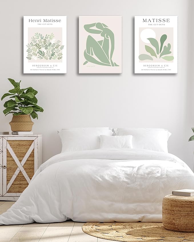 Matisse Sage Green Framed Wall Art,Abstract Green Canvas Wall Decor.12x16in Plants Botanical Poster Prints,Minimalist Classic Home Decoration for Living Room Bedroom Bathroom Office,Set of 3