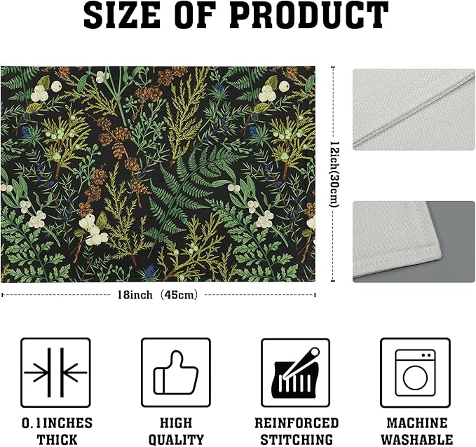 Green Leaves Placemats Set of 4 Botanical Fern Leaf Floral Place Mats Washable Kitchen Dining Spring Summer Black Linen Table Mats Stain Heat-Resistant for Home Party Indoor 12x18 in