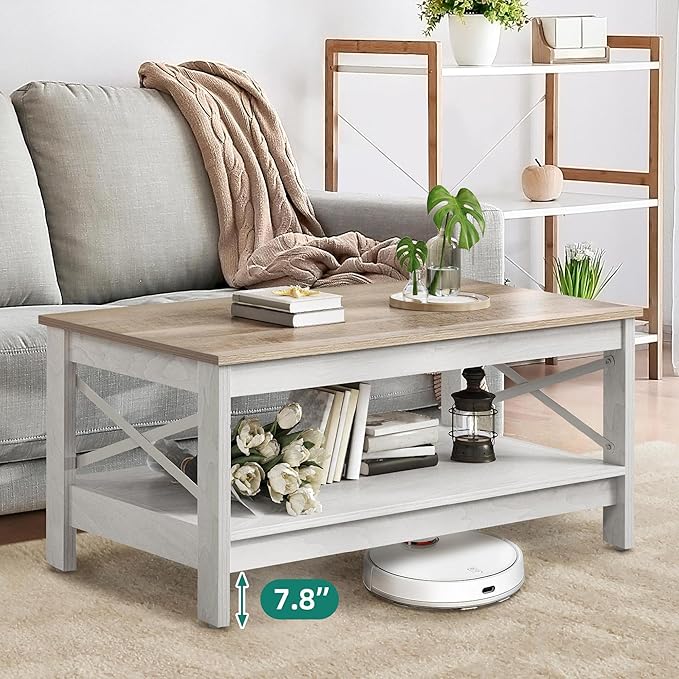 YITAHOME Coffee Tables for Living Room, Modern Farmhouse Coffee Table with Storage, 2-Tier Center Table Wood Living Room Table Accent Cocktail with Sturdy Frame, Grey Wash