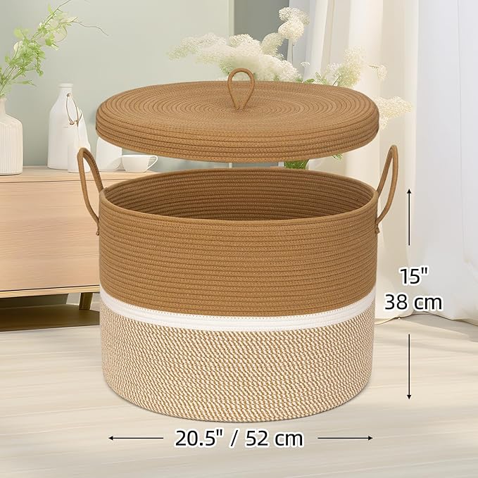 Laundry Basket with Lid, Woven Cotton Rope Laundry Hamper Foldable Storage Organizer Bin Blanket Basket for Comforter, Cushions, Clothes, Pillows, 20.5x20.5x15 Inch, Camel/White