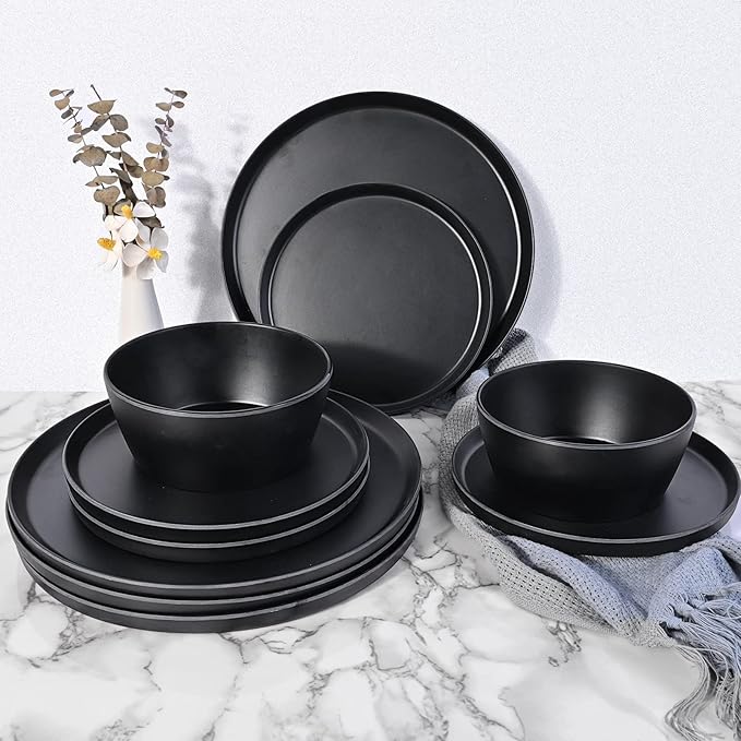 Dinnerware Sets 12 pcs, Melamine Plates and Bowls Sets, Matte Black, Plate Set for 4, Indoor and Outdoor use, Dishwasher Safe