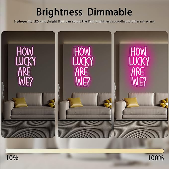 How Lucky Are We Neon Sign, Dimmable LED Pink Anniversary Quote Neon Sign, Motivational Wall Decor, Inspirational Quote Sign Neon Light Sign for Wedding Bedroom Living Room Girls Romantic Gift(8.2*15.3in)