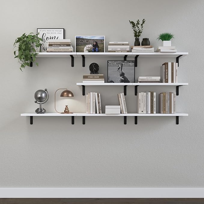 Floating Shelves, 8 Sets Wall Shelves, Wooden Floating Shelves for Bedroom Wall Décor, Wall Mounted Floating Bathroom Shelf for Storage, Floating Book Shelf Living Room – White