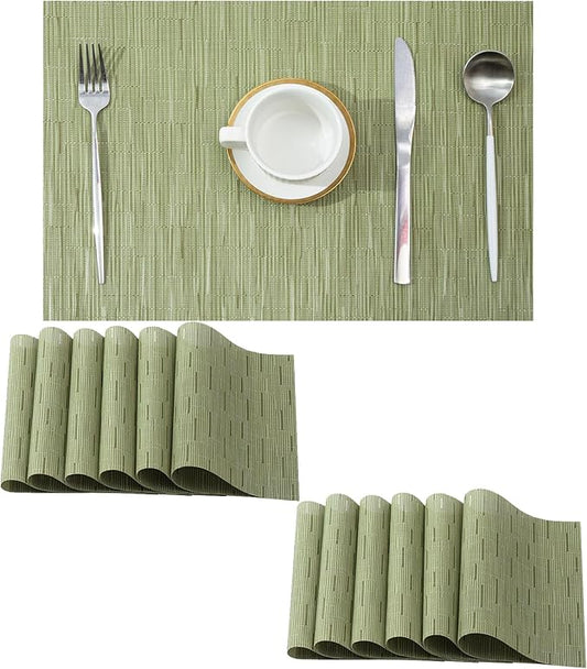 Leetaltree Pea Green Placemats Set of 12 - Heat Resistant Non-Slip Place mats for Dining Table, Washable Durable PVC Vinyl Woven Table Mats(Pea Green, 12)