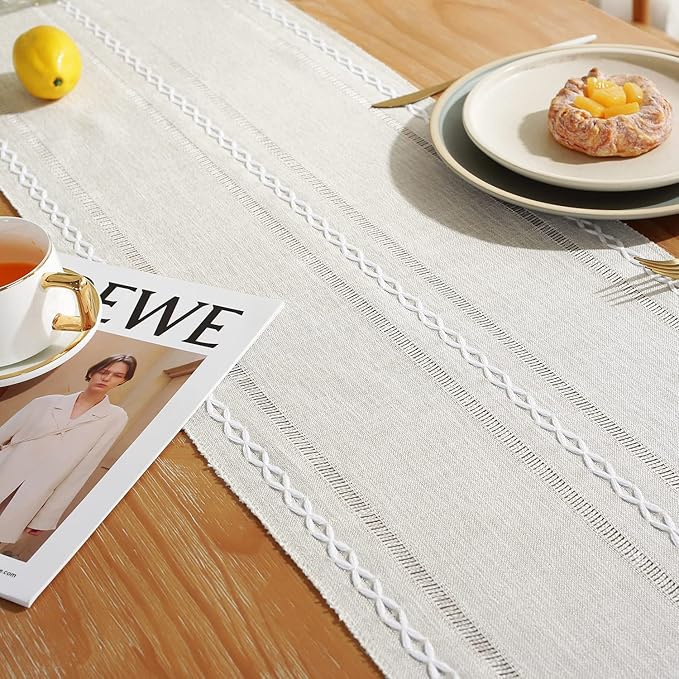 Rustic Farmhouse Style Linen Table Runner, Boho Handmade Tassel Embroidered Table Runners 48 Inches Long for Holiday Party, Wedding and Dining Decorations, 13 inchW X 48 inchL - Ivory