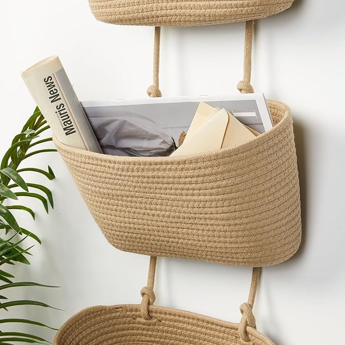 DULLEMELO Wall Baskets for Storage, 3-Tier Woven Cotton Hanging Baskets for Organizing, Jute Wall Hanging Baskets with Door Hooks, Over The Door Basket